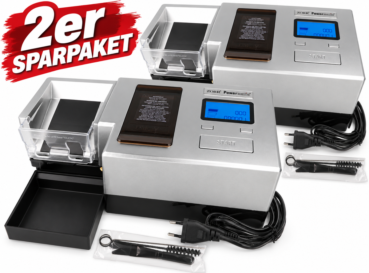 Sparpaket Doppelpack - Zorr Elektrische Stopfmaschine Powermatic 5+ Deluxe (V+) - Vollautomatisch mit Schredder
